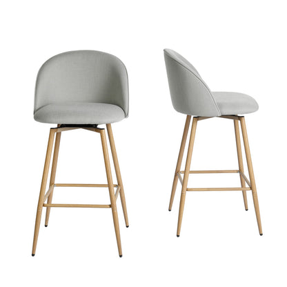 Set of Two 27" Gray and Oak Fabric and Metal Low Back Counter Height Swivel Bar Chairs