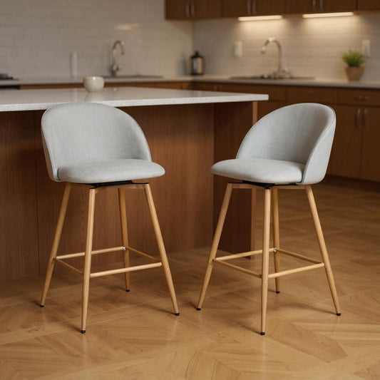 Set of Two 27" Gray and Oak Fabric and Metal Low Back Counter Height Swivel Bar Chairs
