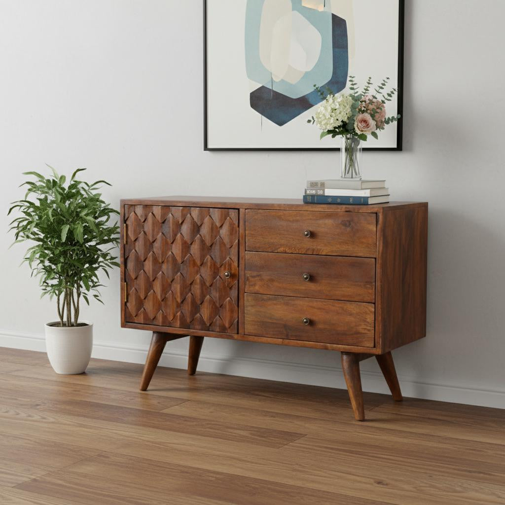 35" Brown Solid Wood Four Drawer Sideboard