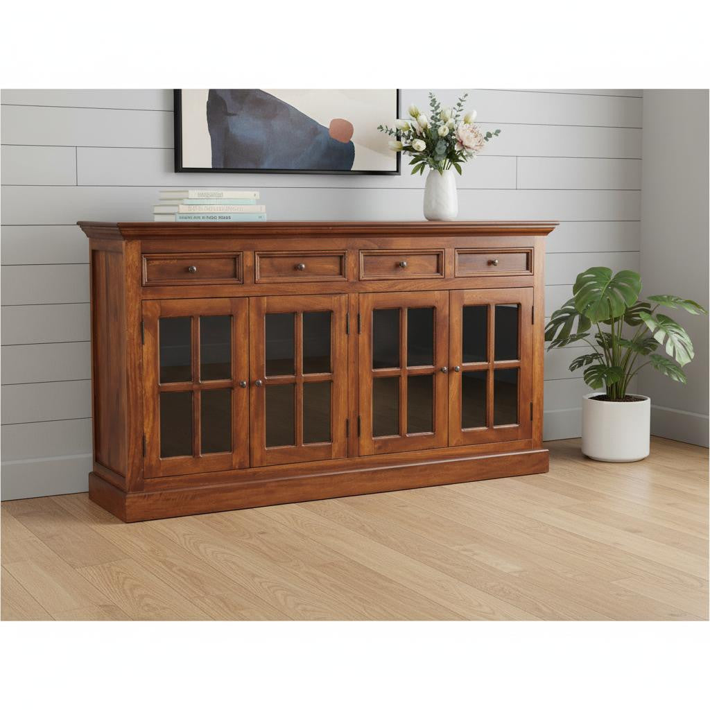 65" Brown Solid Wood Four Drawer Sideboard
