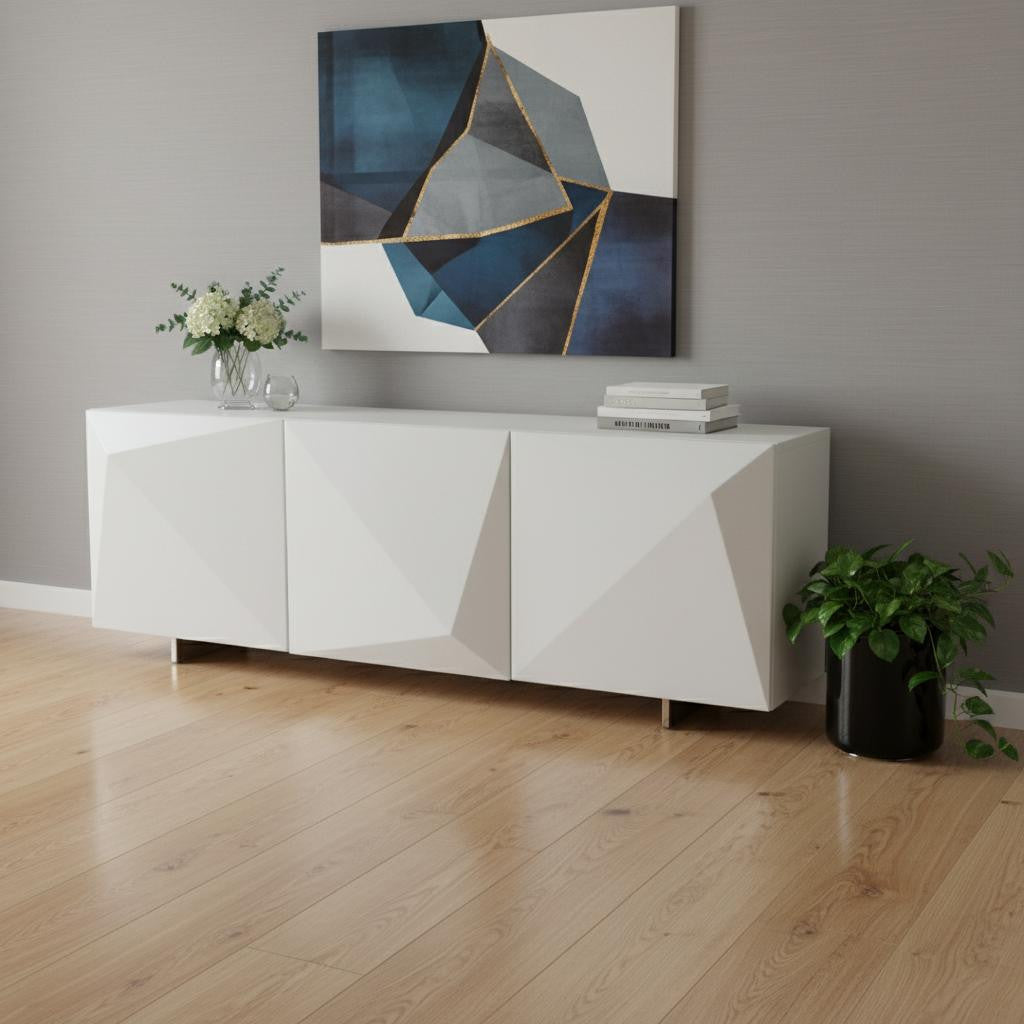 87" White Wood Carved Geometric Sideboard With Three Doors