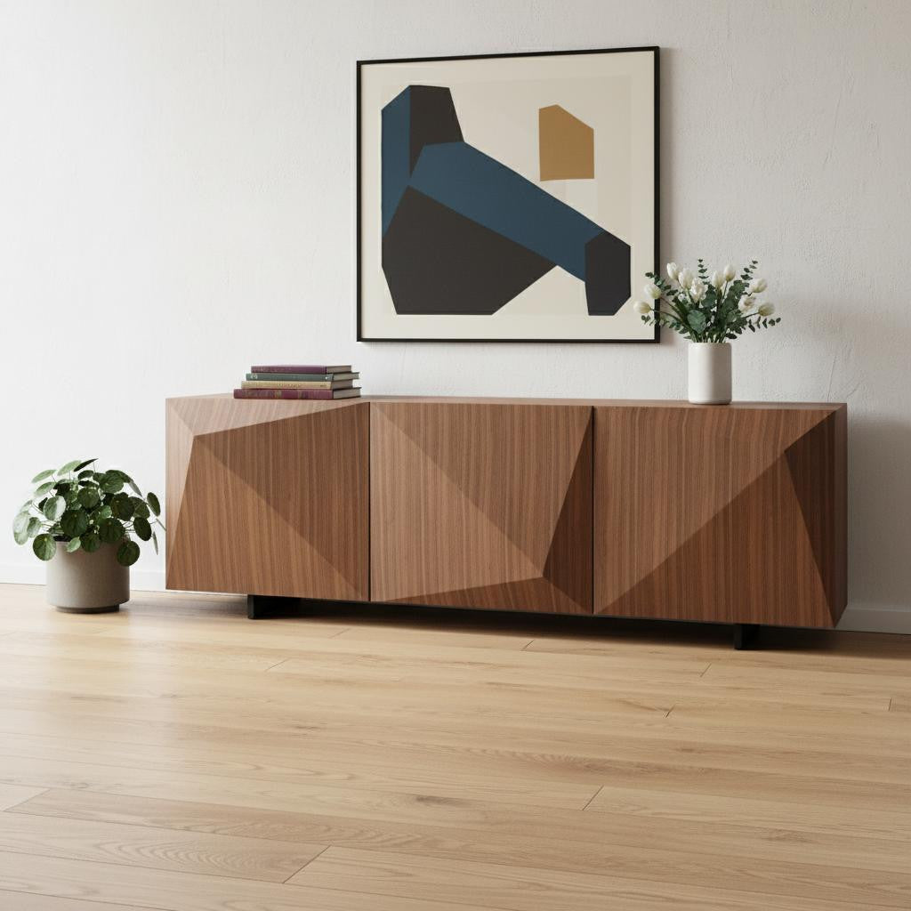 87" Walnut Wood Carved Geometric Buffet Table With Three Doors