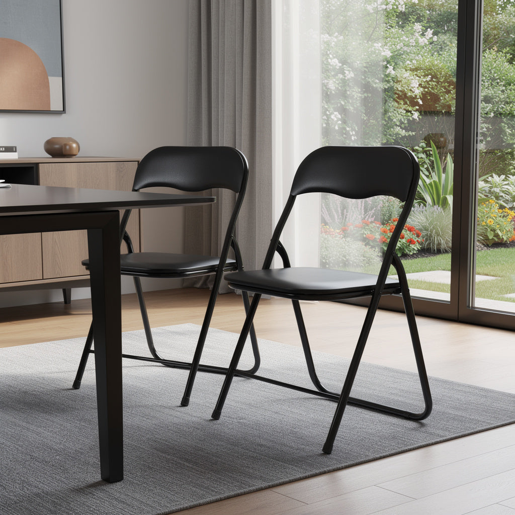 Set of Two Black Faux Leather and Steel Folding Chairs