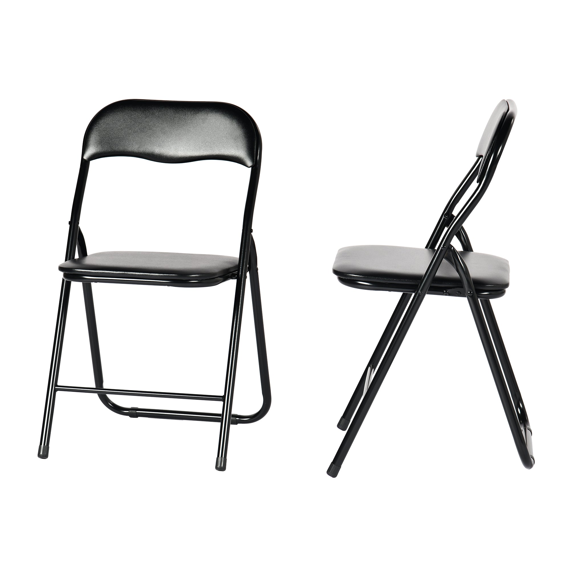 Set of Two Black Faux Leather and Steel Folding Chairs