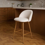 27" Beige and Oak Fabric and Metal Low Back Counter Height Swivel Bar Chair
