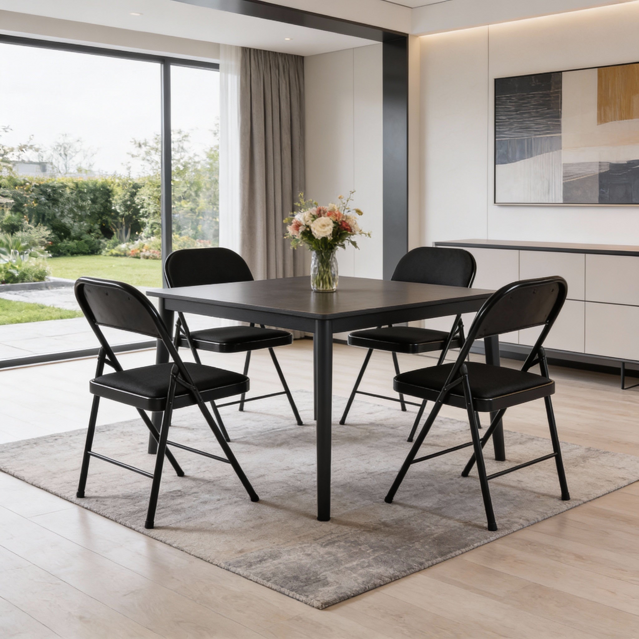 Set of Four Black Faux Leather and Steel Folding Chairs