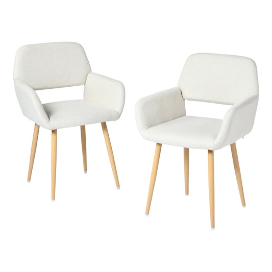 Set of Two Beige and Oak Fabric and Steel Dining Arm Chairs