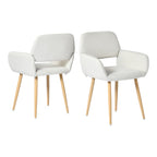Set of Two Beige and Oak Fabric and Steel Dining Arm Chairs