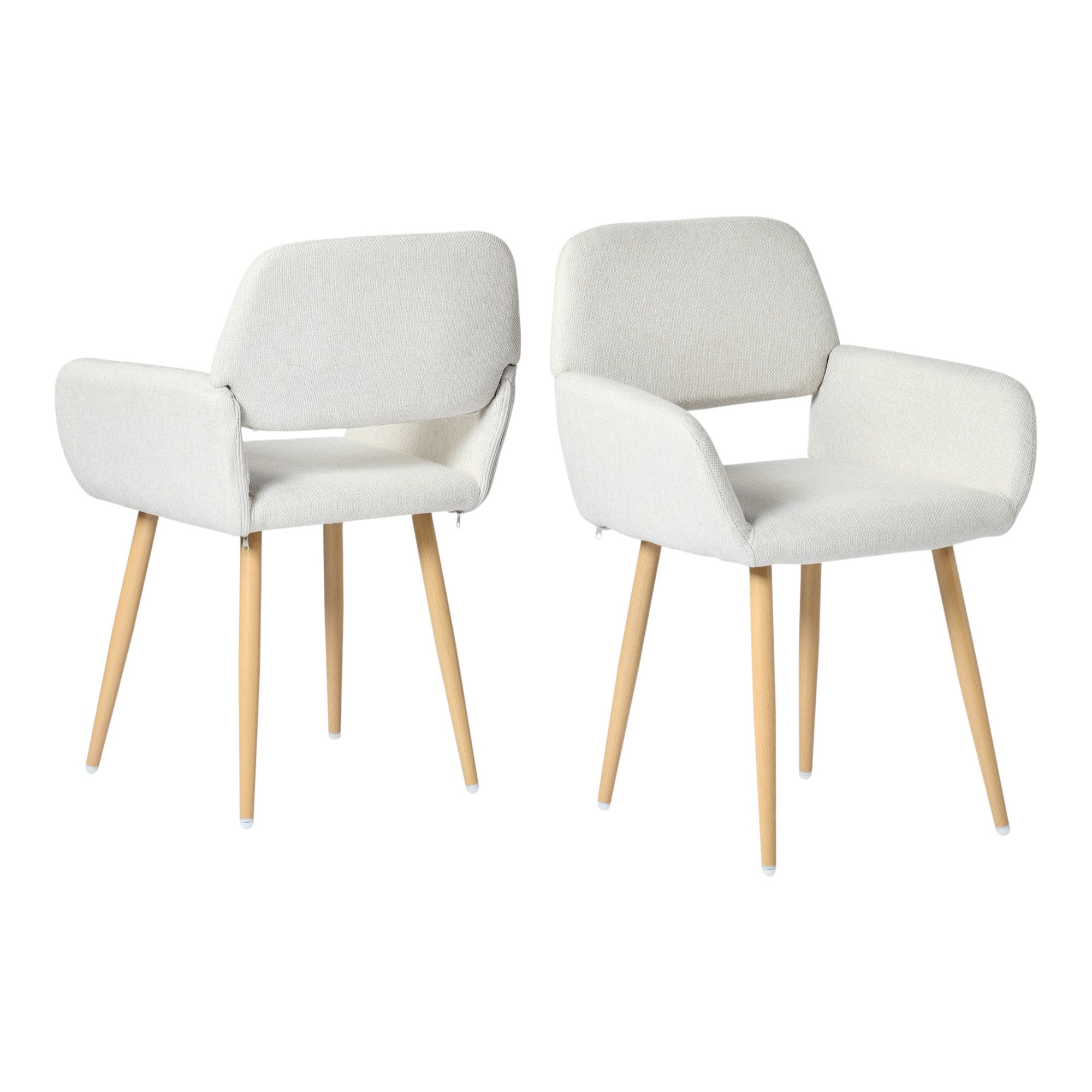 Set of Two Beige and Oak Fabric and Steel Dining Arm Chairs