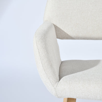 Set of Two Beige and Oak Fabric and Steel Dining Arm Chairs