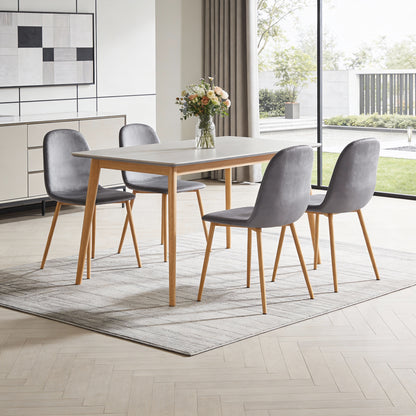 Set of Four Gray and Oak Velvet and Steel Dining Side Chairs