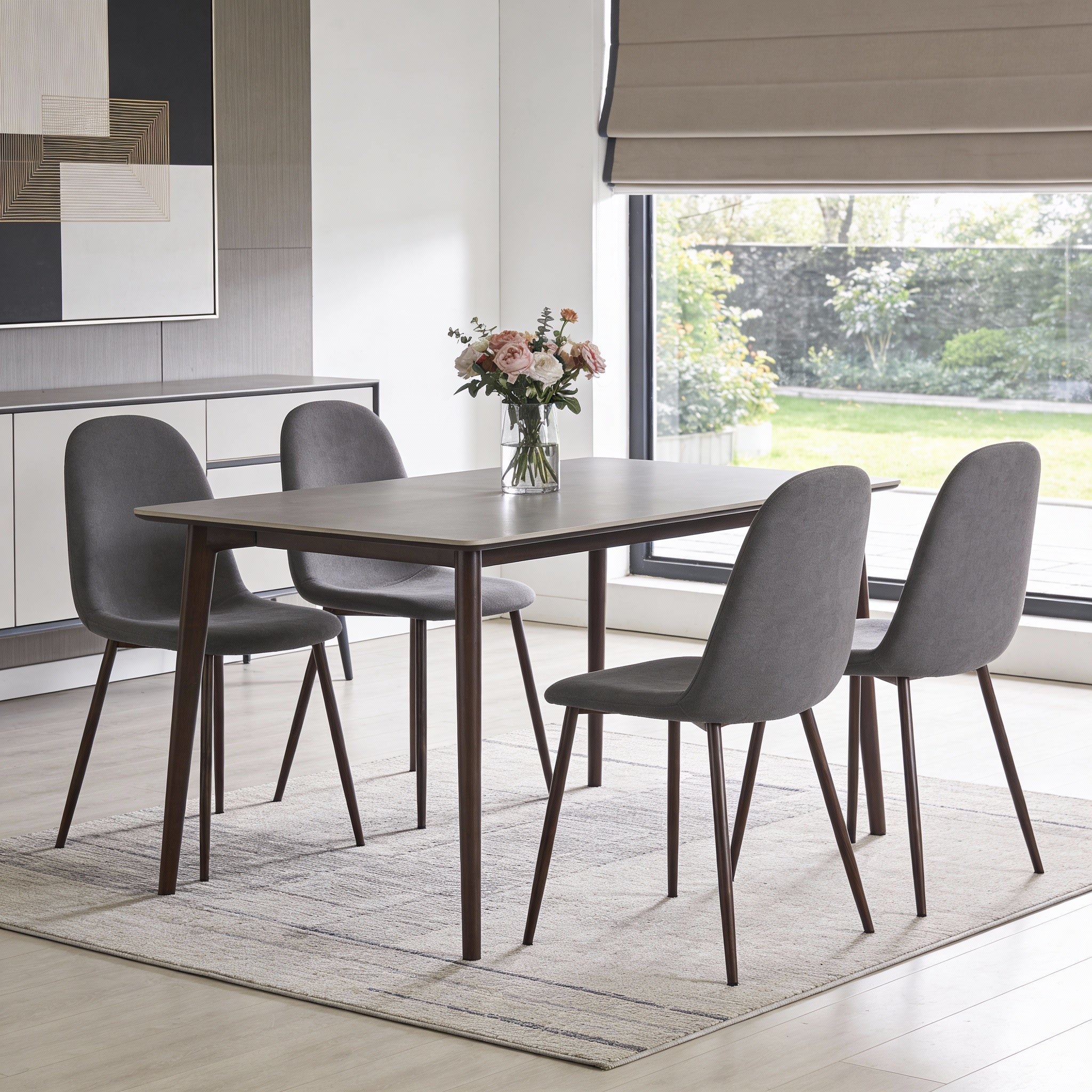 Set of Four Gray and Brown Fabric and Steel Dining Side Chairs