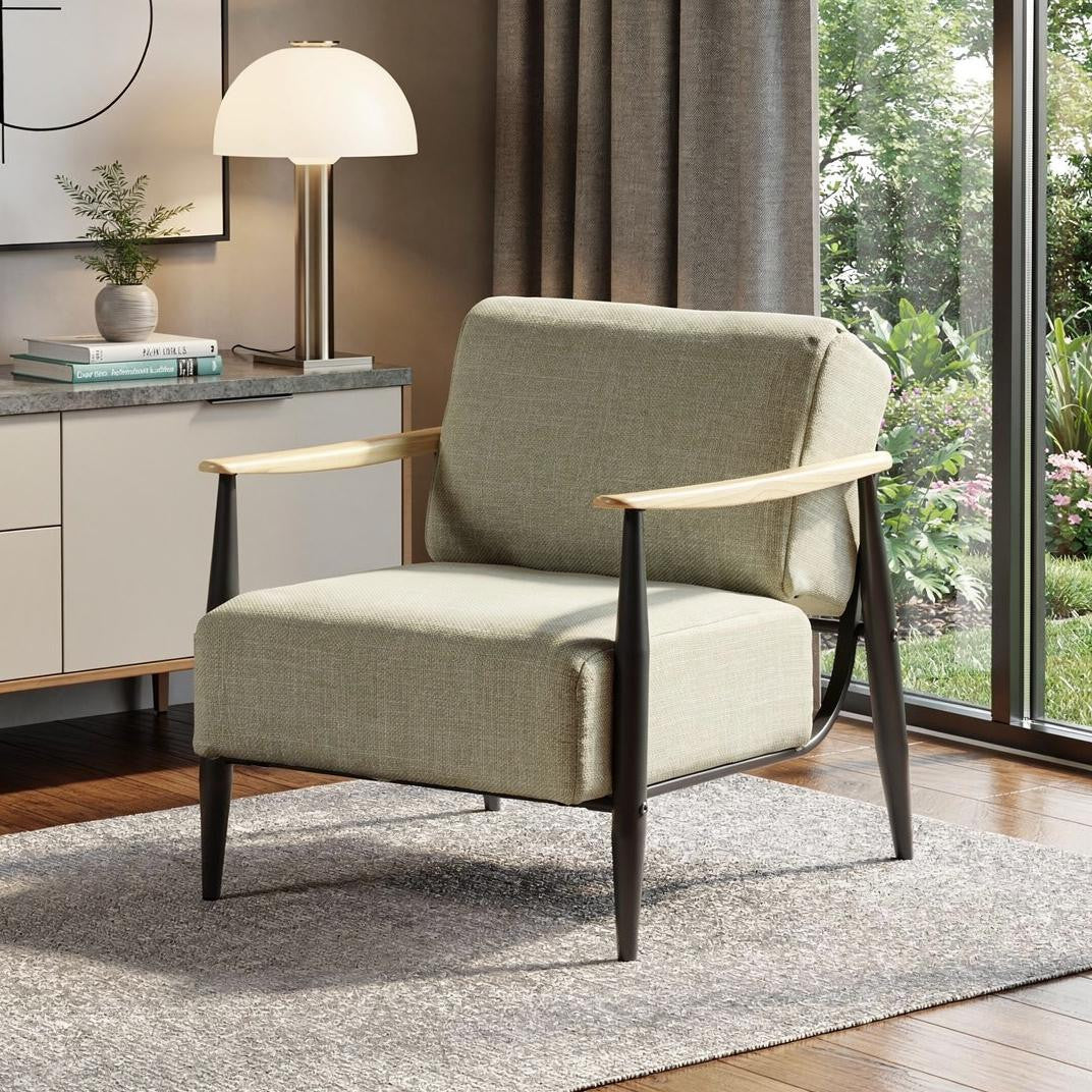 28" Beige Black and Natural Upholstered Cushion and Solid Wood Arm Chair