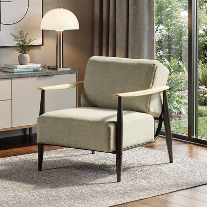28" Beige Black and Natural Upholstered Cushion and Solid Wood Arm Chair