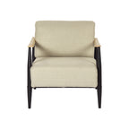 28" Beige Black and Natural Upholstered Cushion and Solid Wood Arm Chair