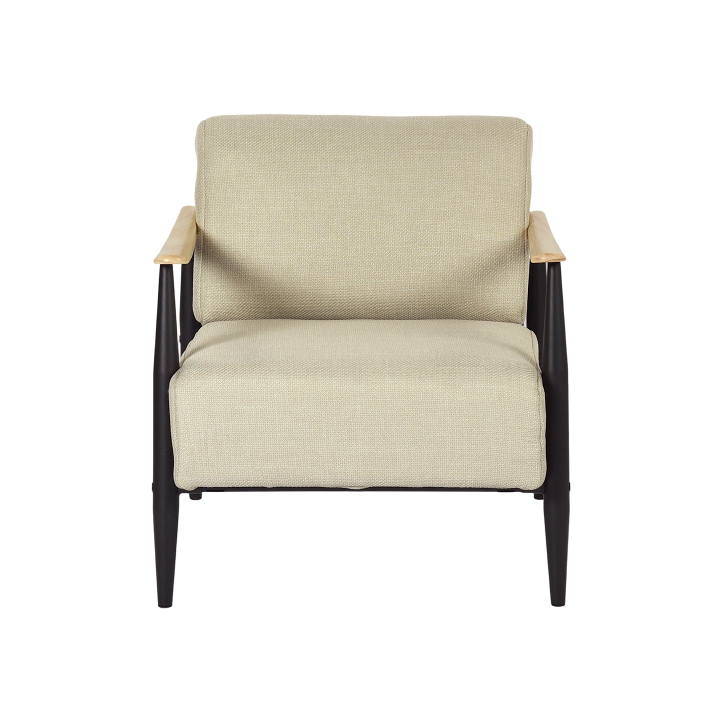 28" Beige Black and Natural Upholstered Cushion and Solid Wood Arm Chair
