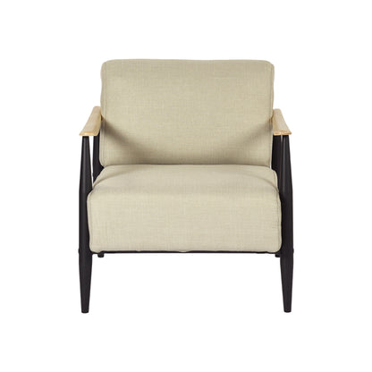 28" Beige Black and Natural Upholstered Cushion and Solid Wood Arm Chair