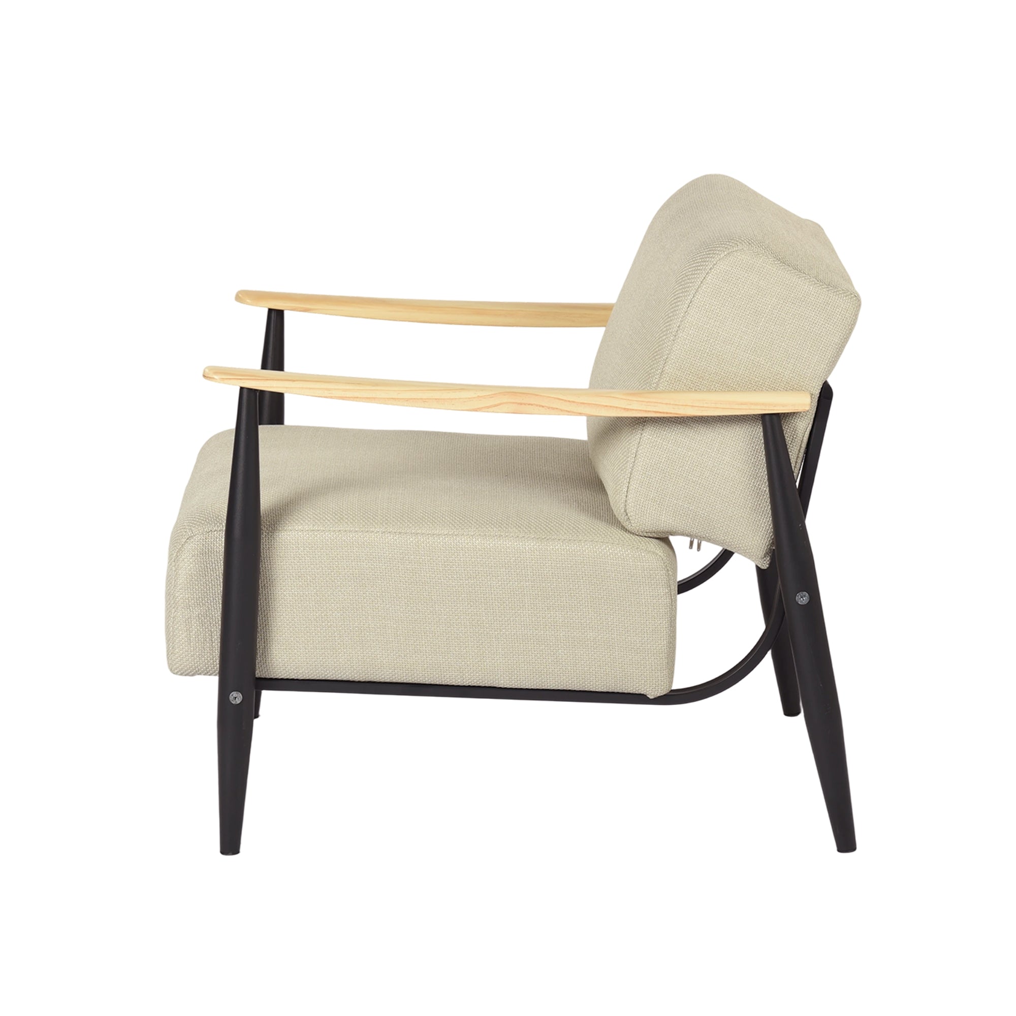 28" Beige Black and Natural Upholstered Cushion and Solid Wood Arm Chair