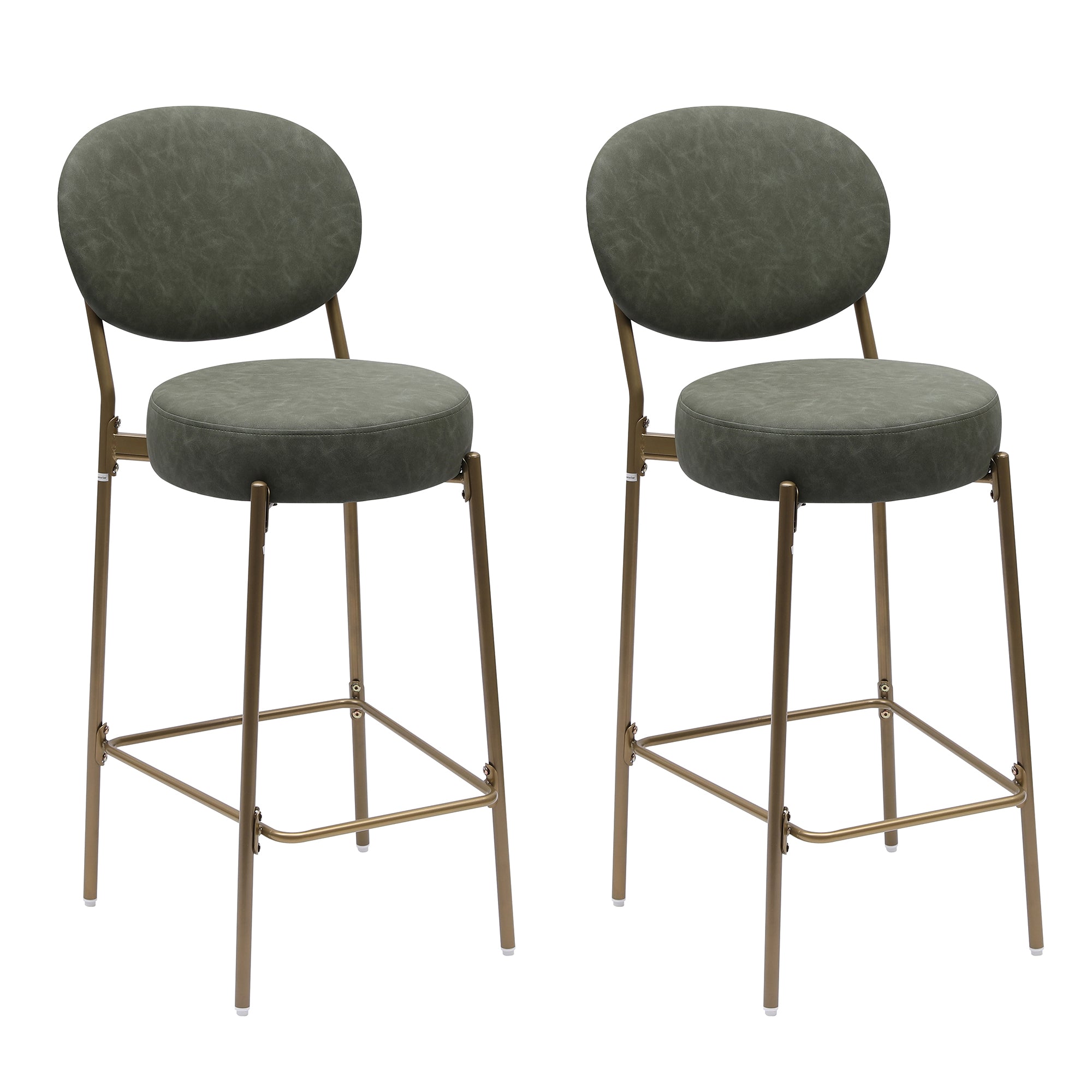 Set of Two 29" Green and Gold Faux Leather and Metal Low Back Bar Height Bar Chairs