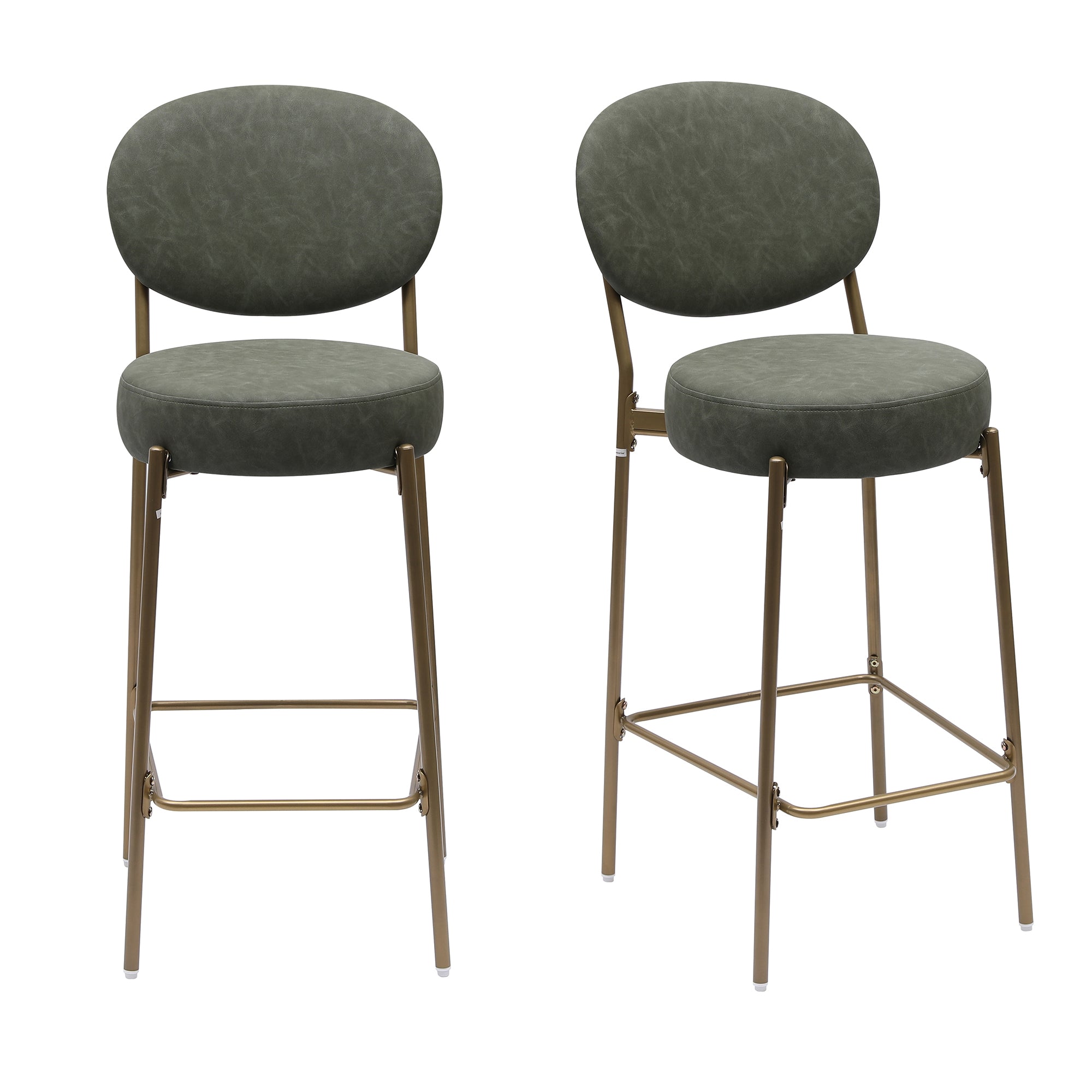 Set of Two 29" Green and Gold Faux Leather and Metal Low Back Bar Height Bar Chairs