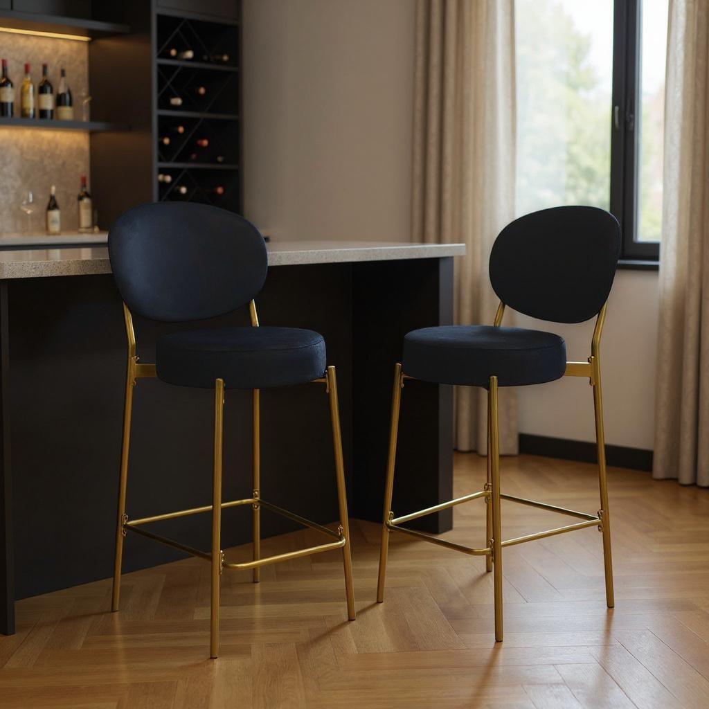 Set of Two 29" Black and Gold Velvet and Metal Low Back Bar Height Bar Chairs