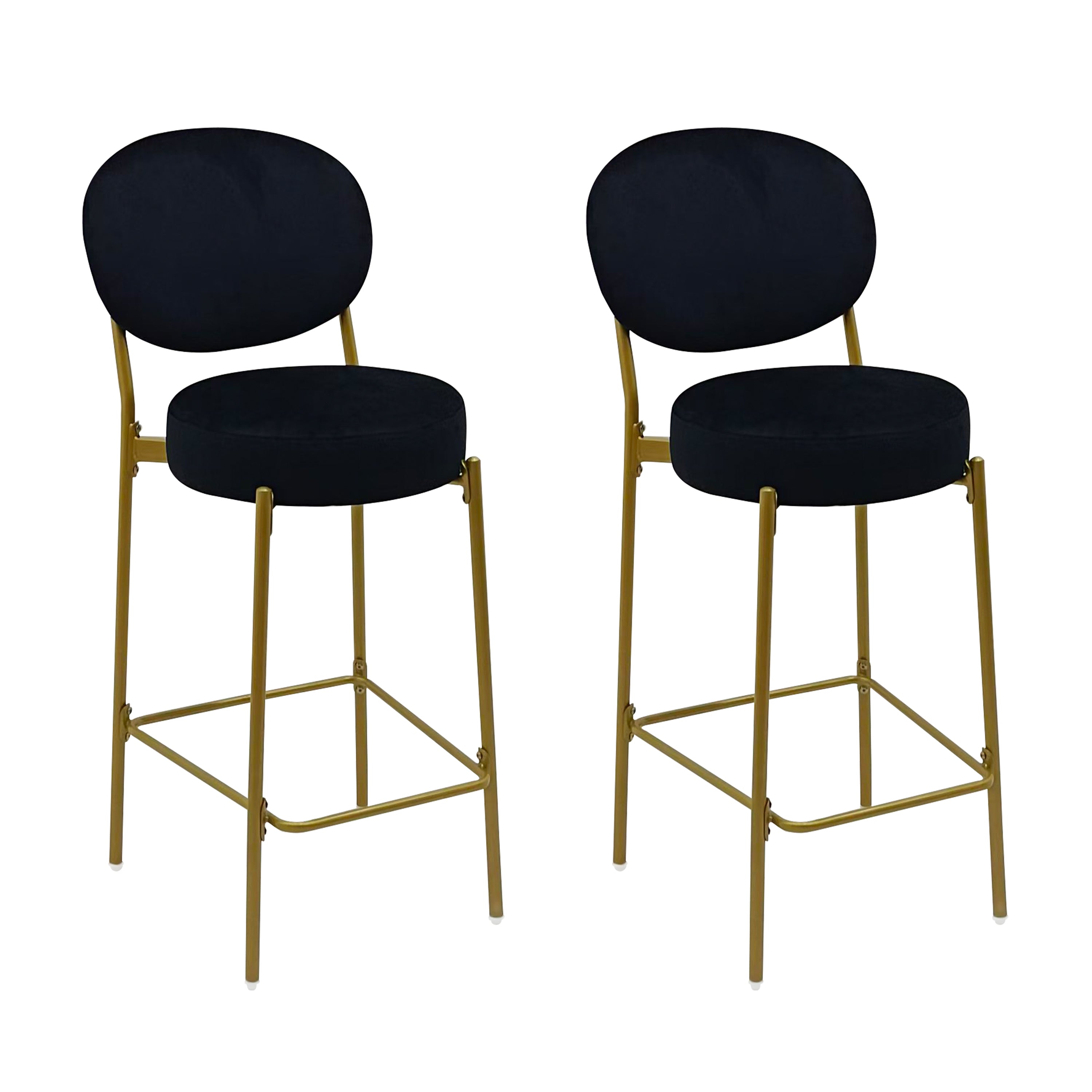 Set of Two 29" Black and Gold Velvet and Metal Low Back Bar Height Bar Chairs