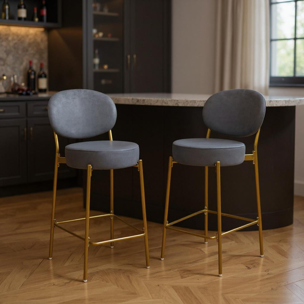 Set of Two 29" Gray and Gold Velvet and Metal Low Back Bar Height Bar Chairs