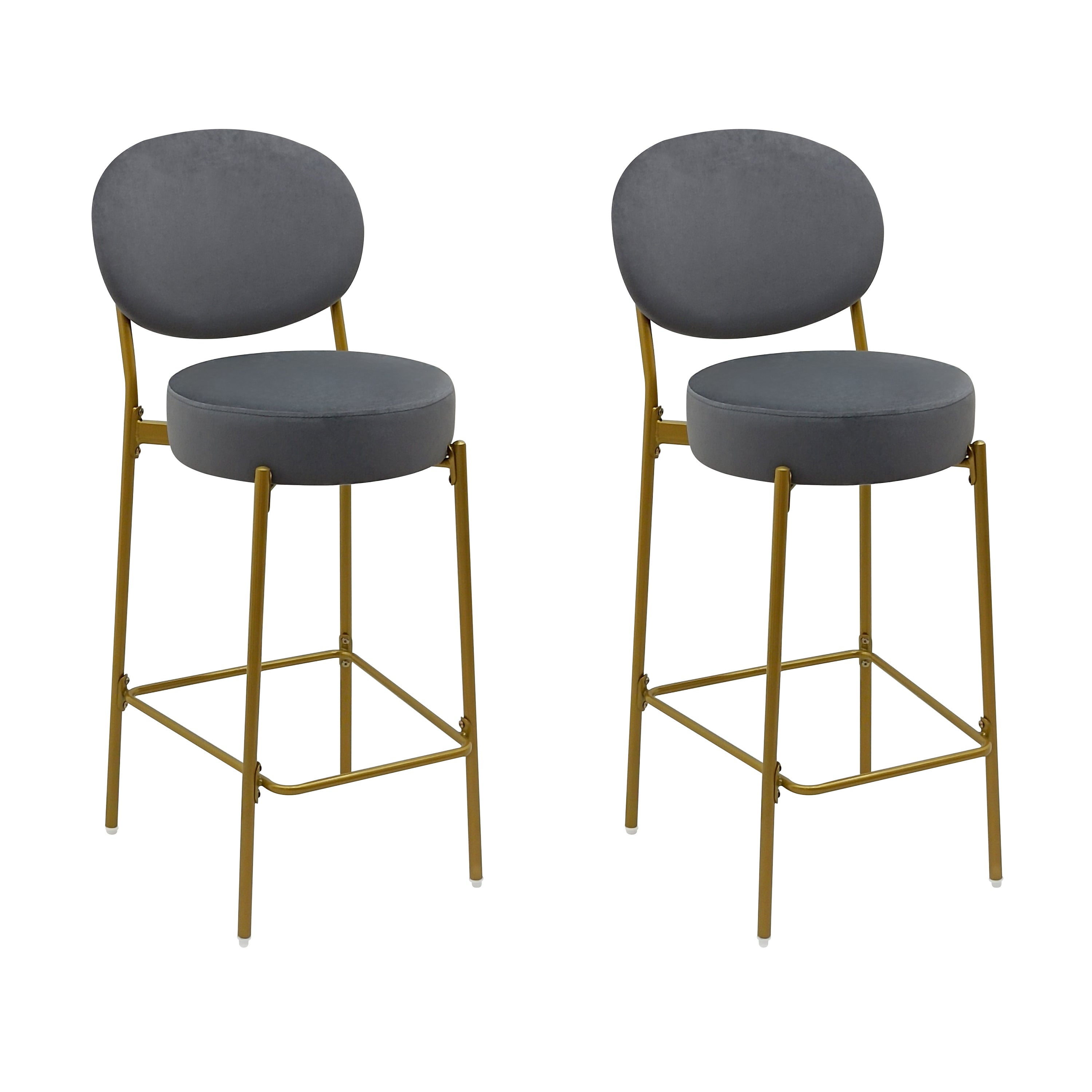 Set of Two 29" Gray and Gold Velvet and Metal Low Back Bar Height Bar Chairs