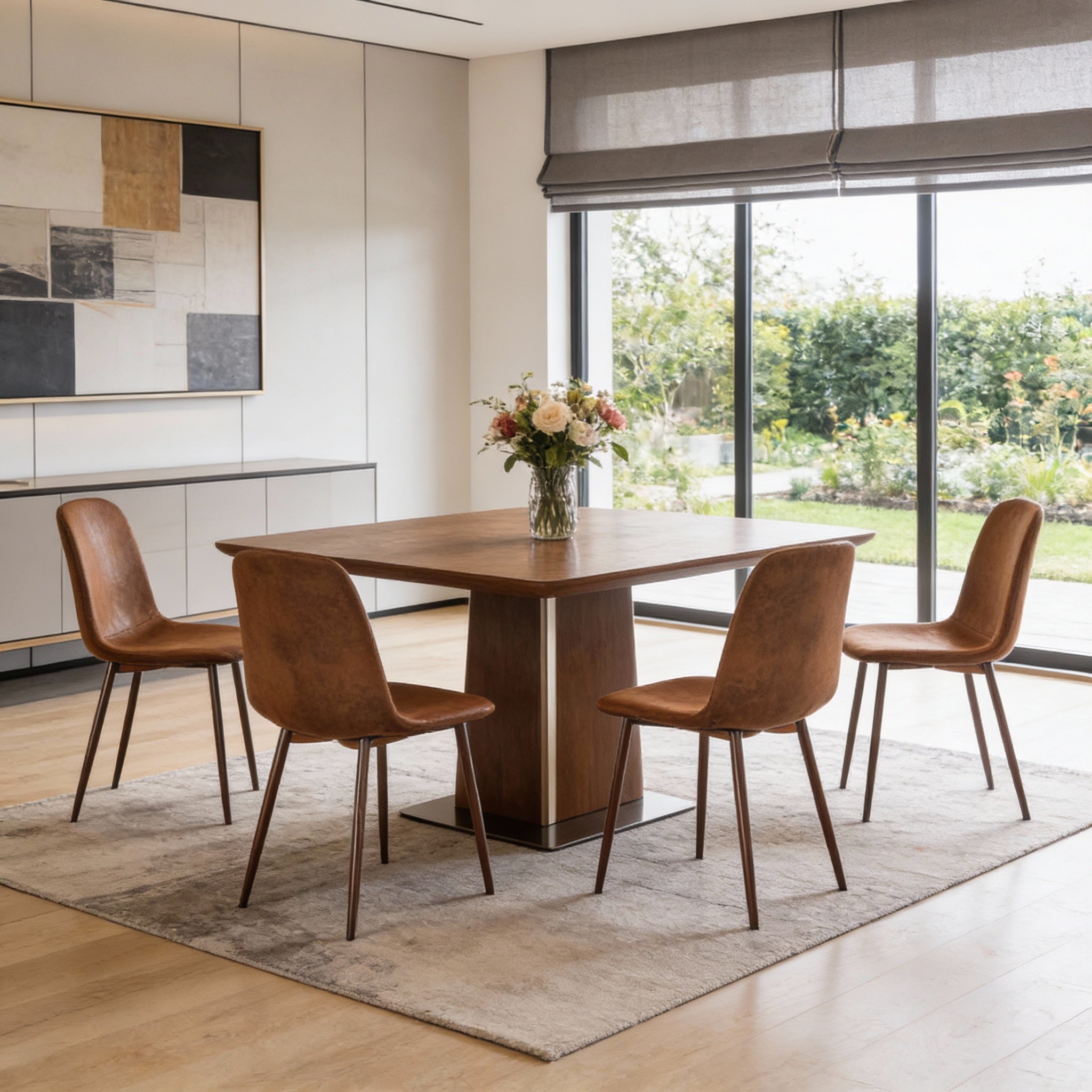 Set of Four Brown Suede and Metal Dining Side Chairs