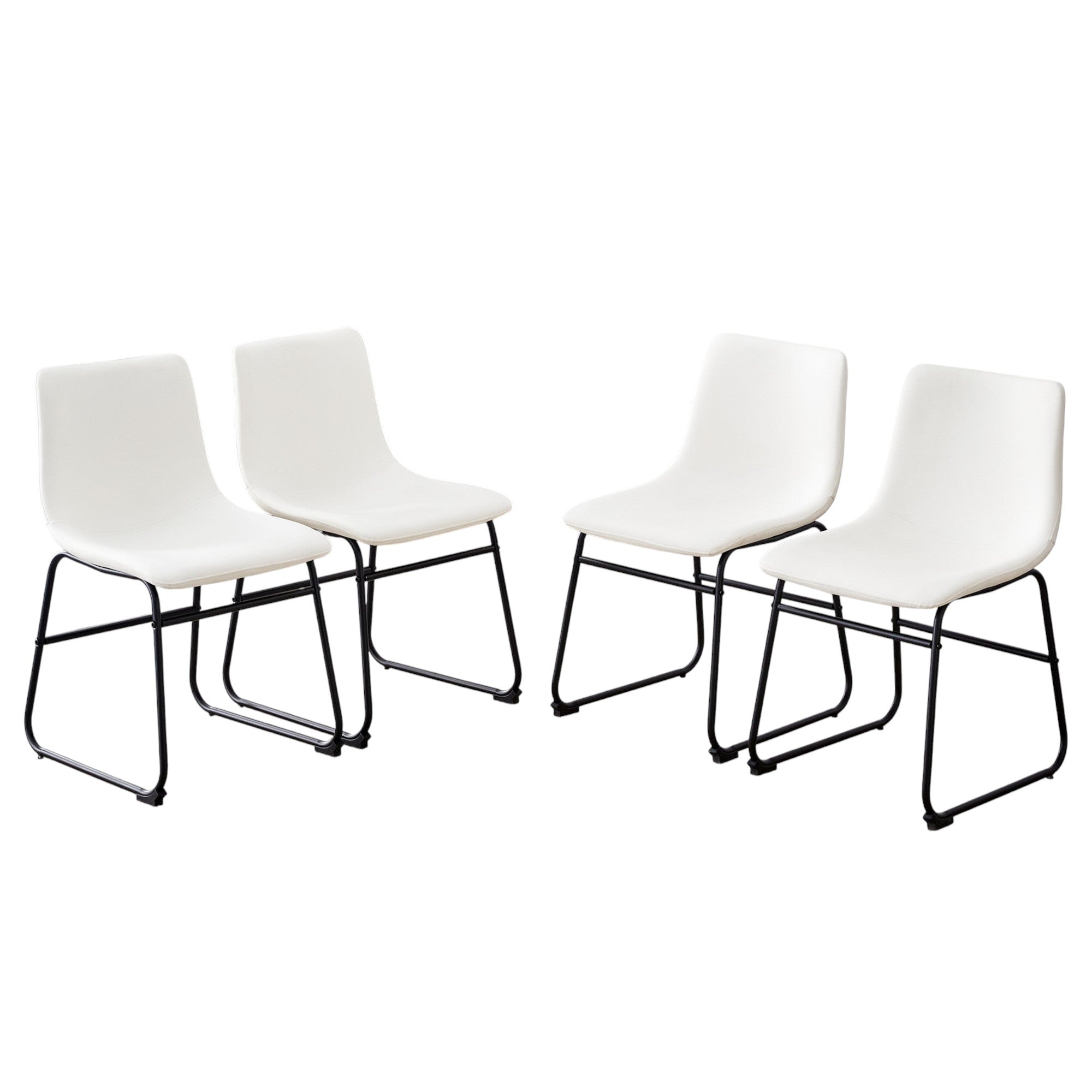 Set of Four White and Black Faux Leather and Metal Dining Side Chairs