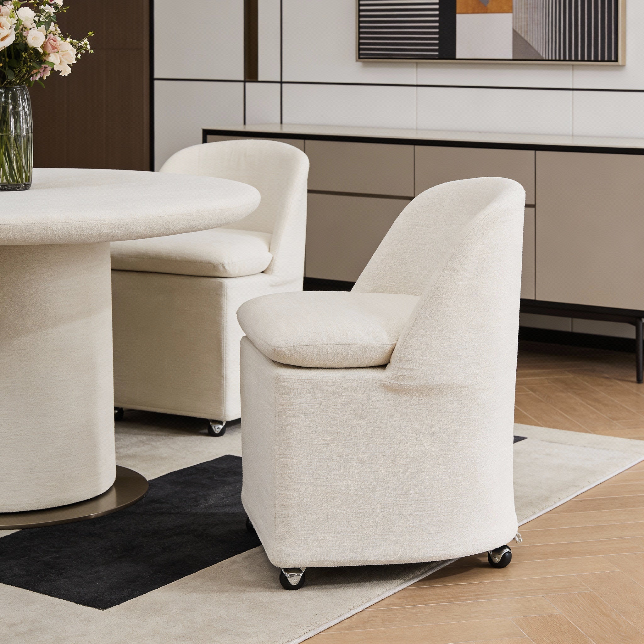 Set of Two Beige Chenille Wing Back Dining Chairs With Wheels