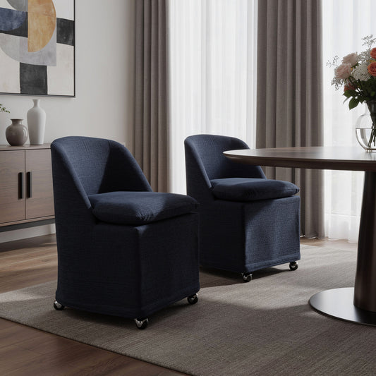 Set of Two Blue Chenille Wing Back Dining Chairs With Wheels