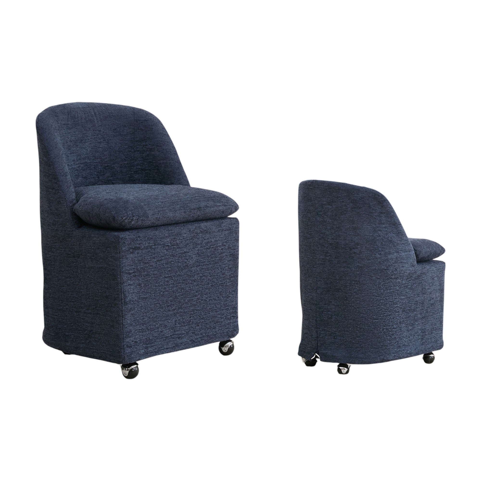 Set of Two Blue Chenille Wing Back Dining Chairs With Wheels