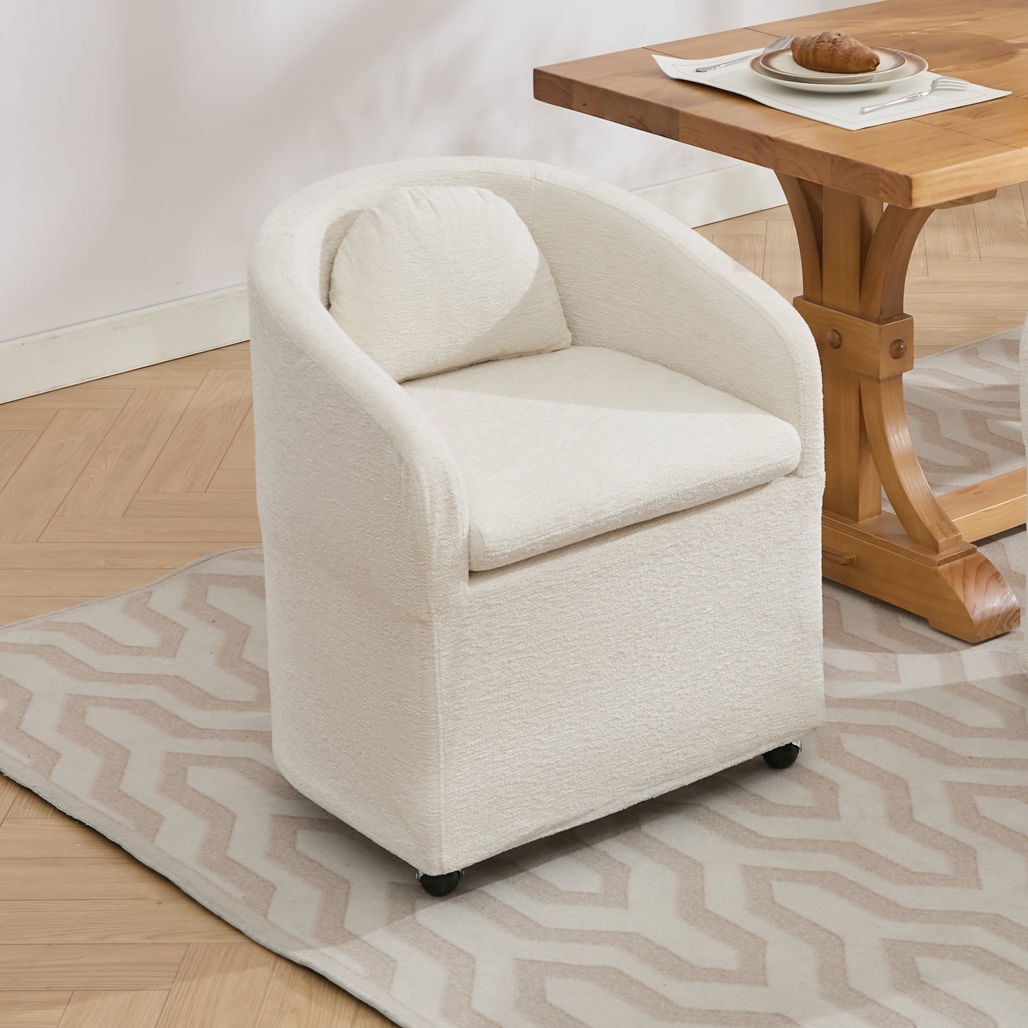 Beige Chenille Wing Back Dining Side Chair With Wheels