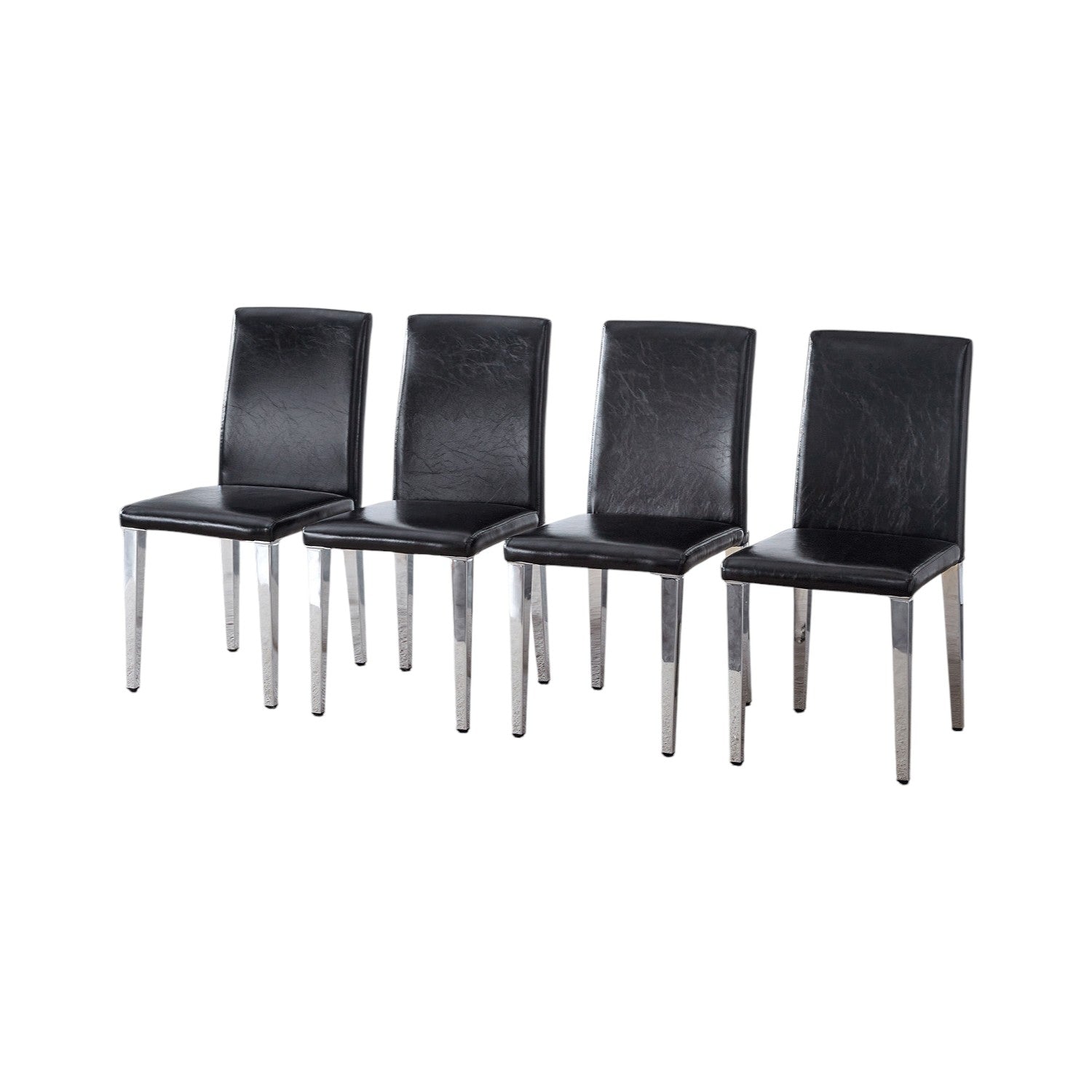Set of Four Black and Silver Faux Leather and Metal Dining Side Chairs