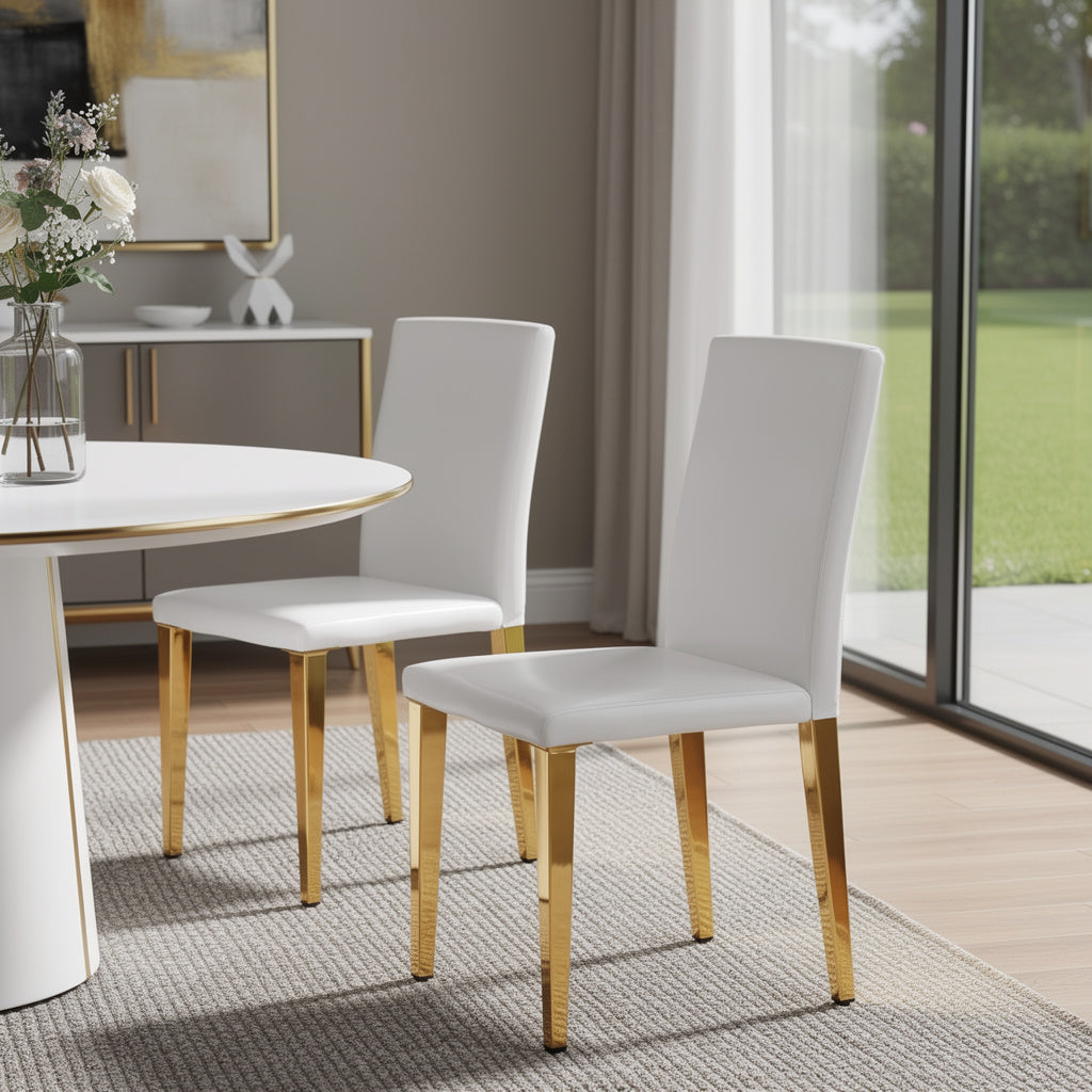 Set of Two White and Gold Faux Leather and Metal Dining Side Chairs