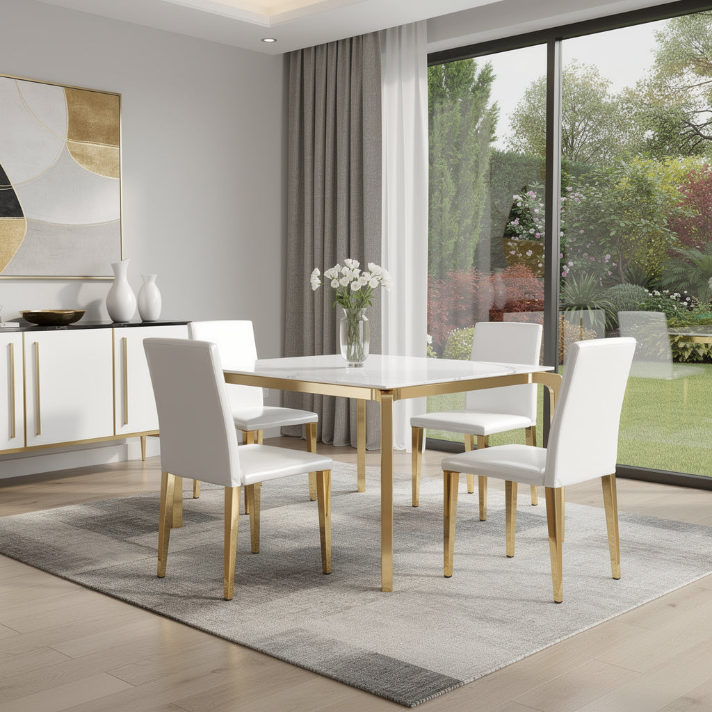 Set of Four White and Gold Faux Leather and Metal Dining Side Chairs