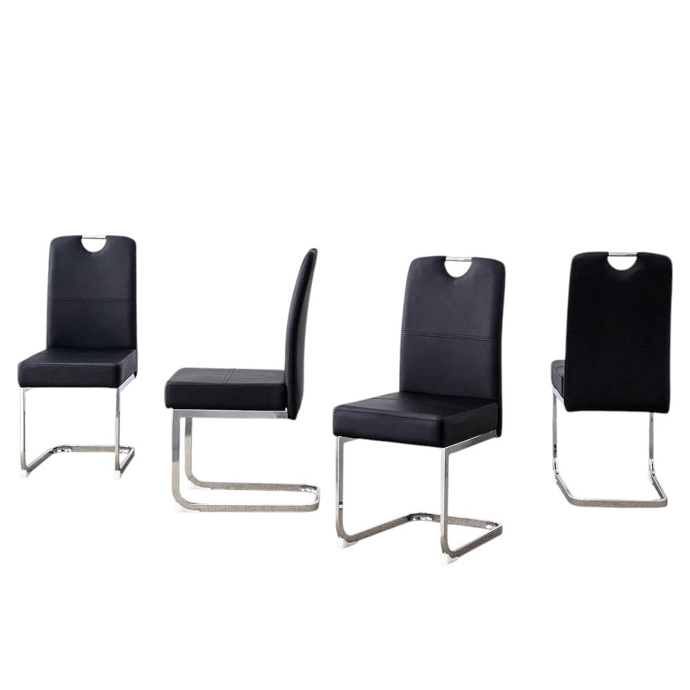 Set of Four Black and Silver Faux Leather and Metal Dining Side Chairs