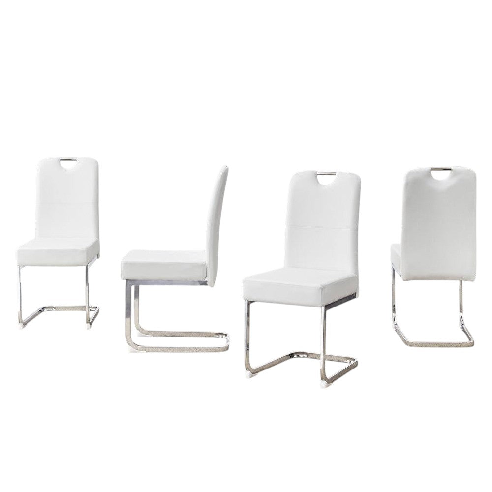 Set of Four White and Silver Faux Leather and Metal Dining Side Chairs