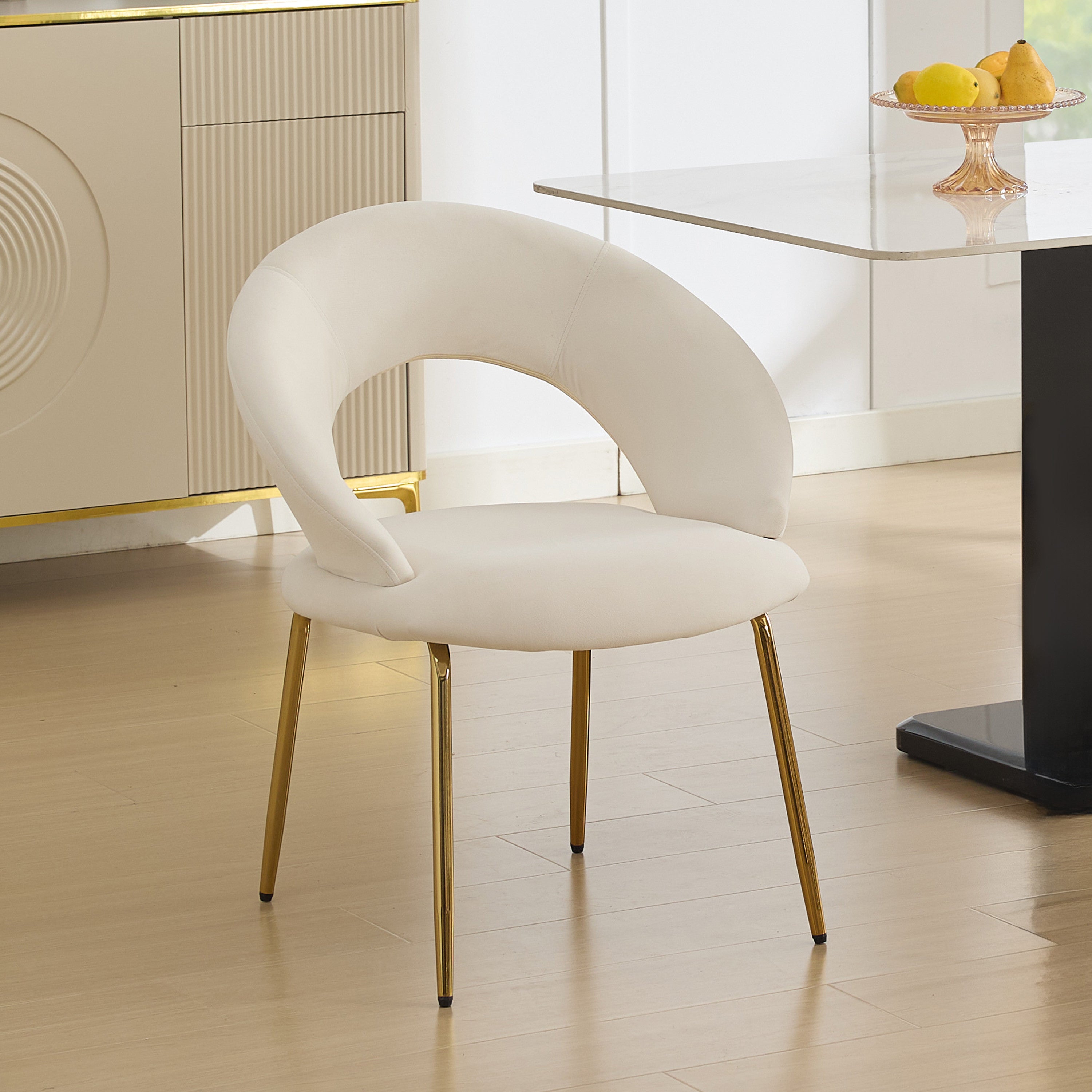White and Gold Velvet and Metal Curved Back Dining Side Chair