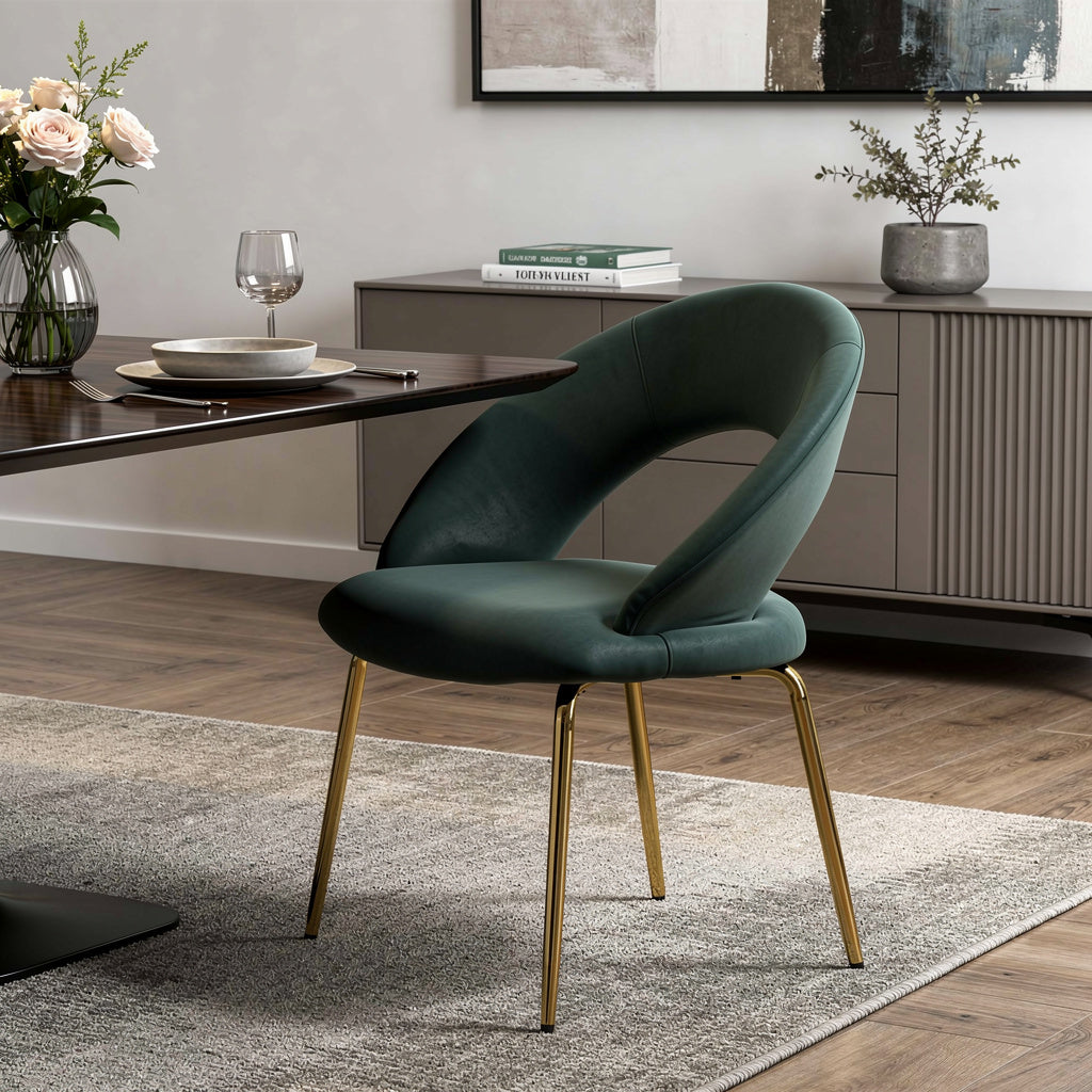 Green and Gold Velvet and Metal Curved Back Dining Side Chair