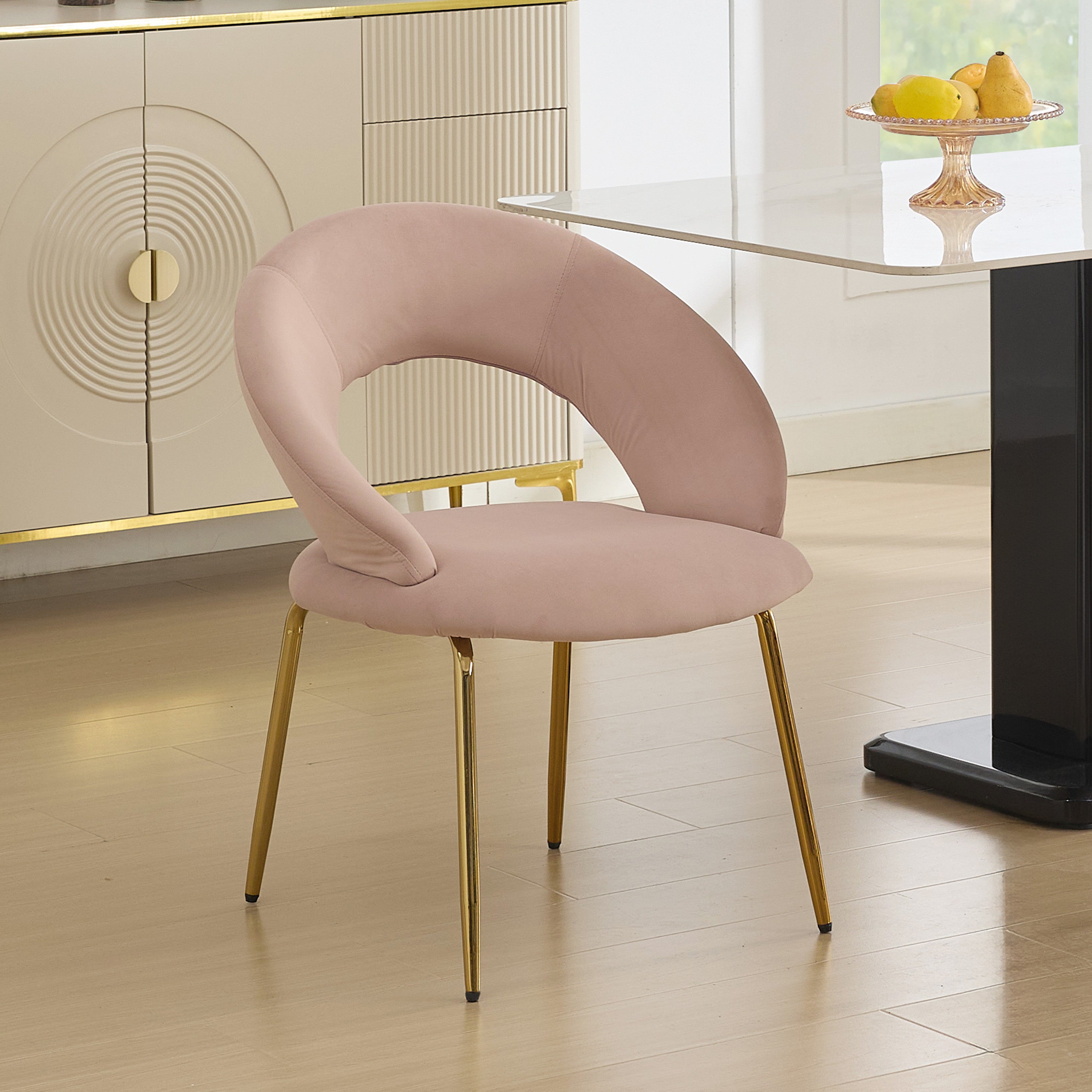 Pink and Gold Velvet and Metal Curved Back Dining Side Chair