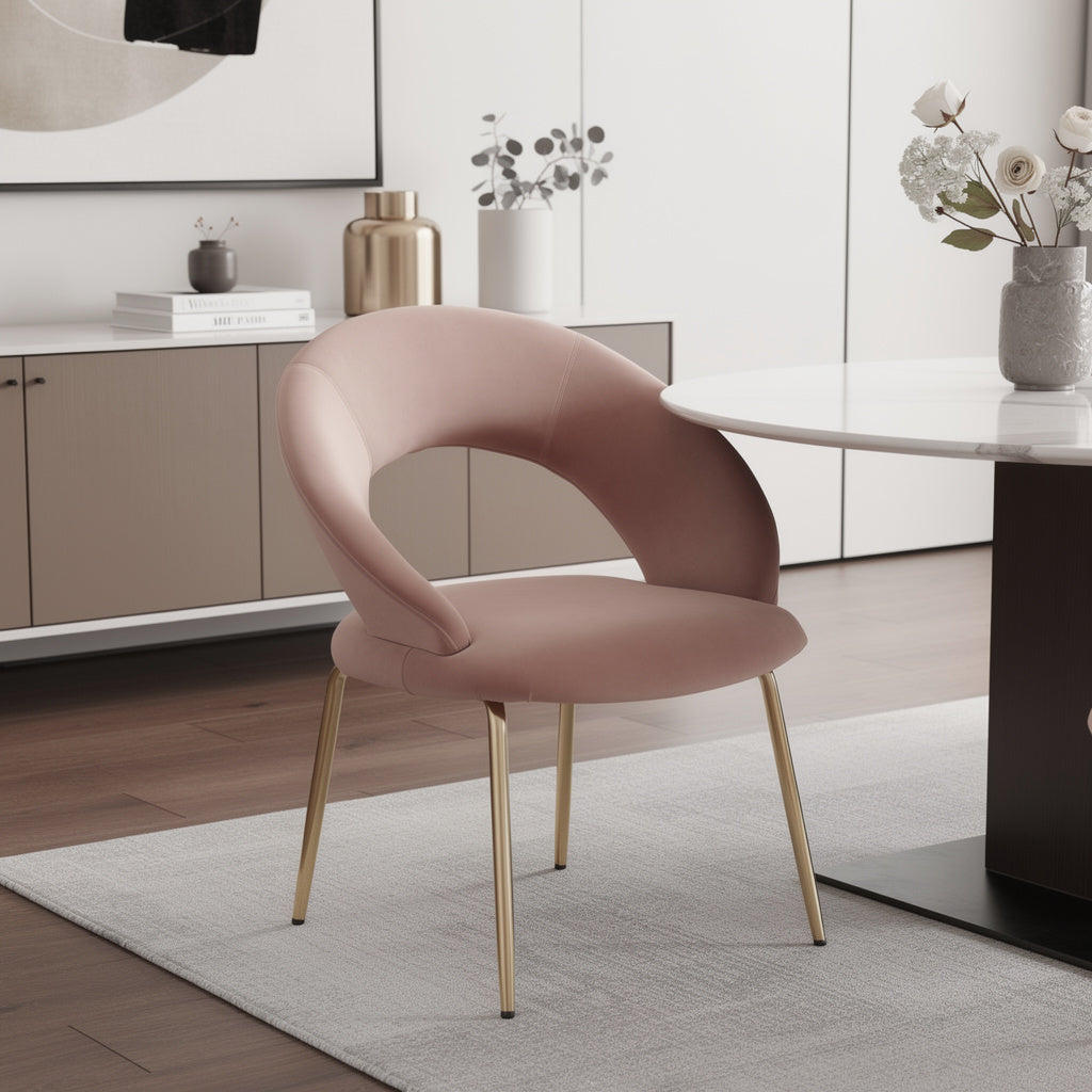 Pink and Gold Velvet and Metal Curved Back Dining Side Chair
