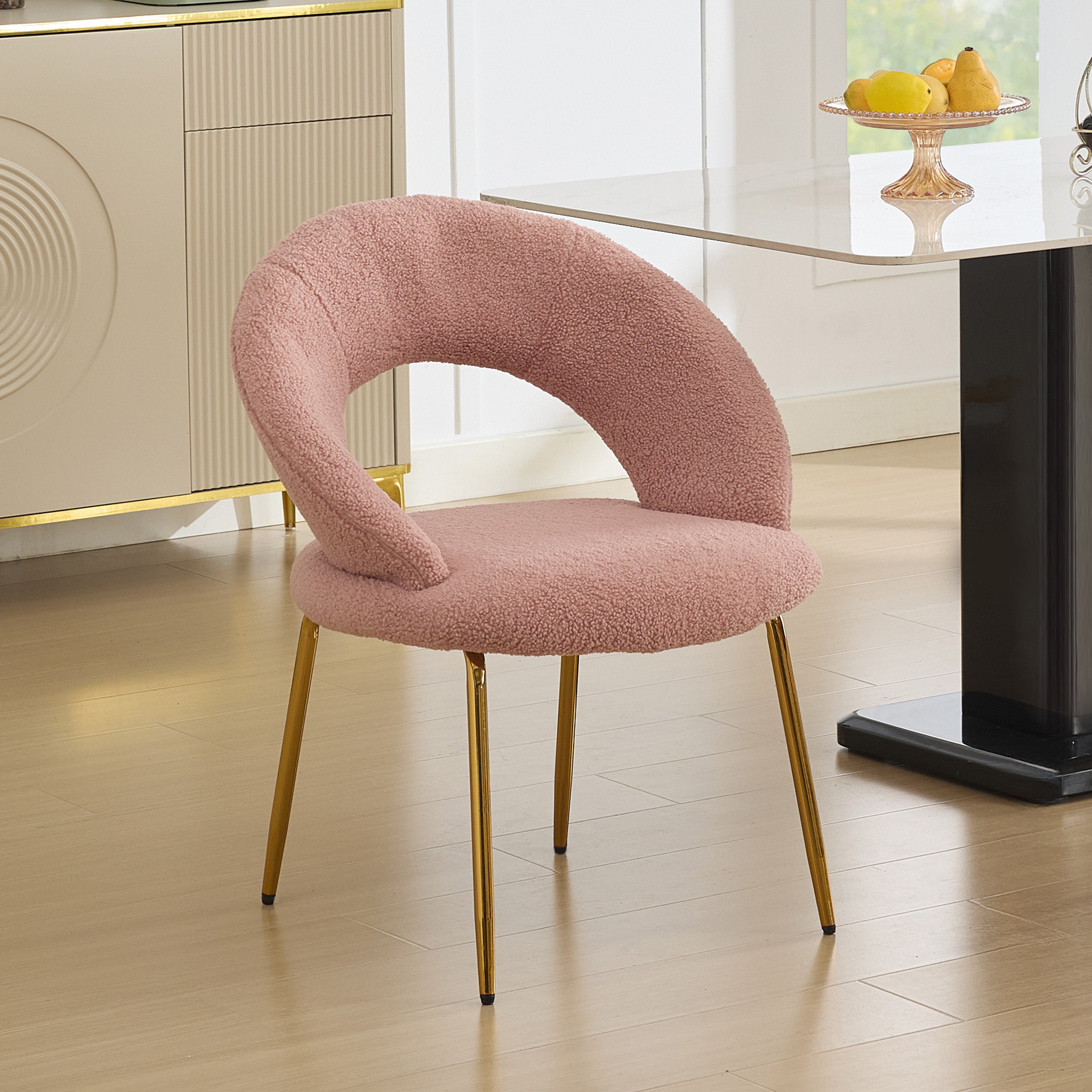 Pink and Gold Boucle and Metal Curved Back Dining Side Chair