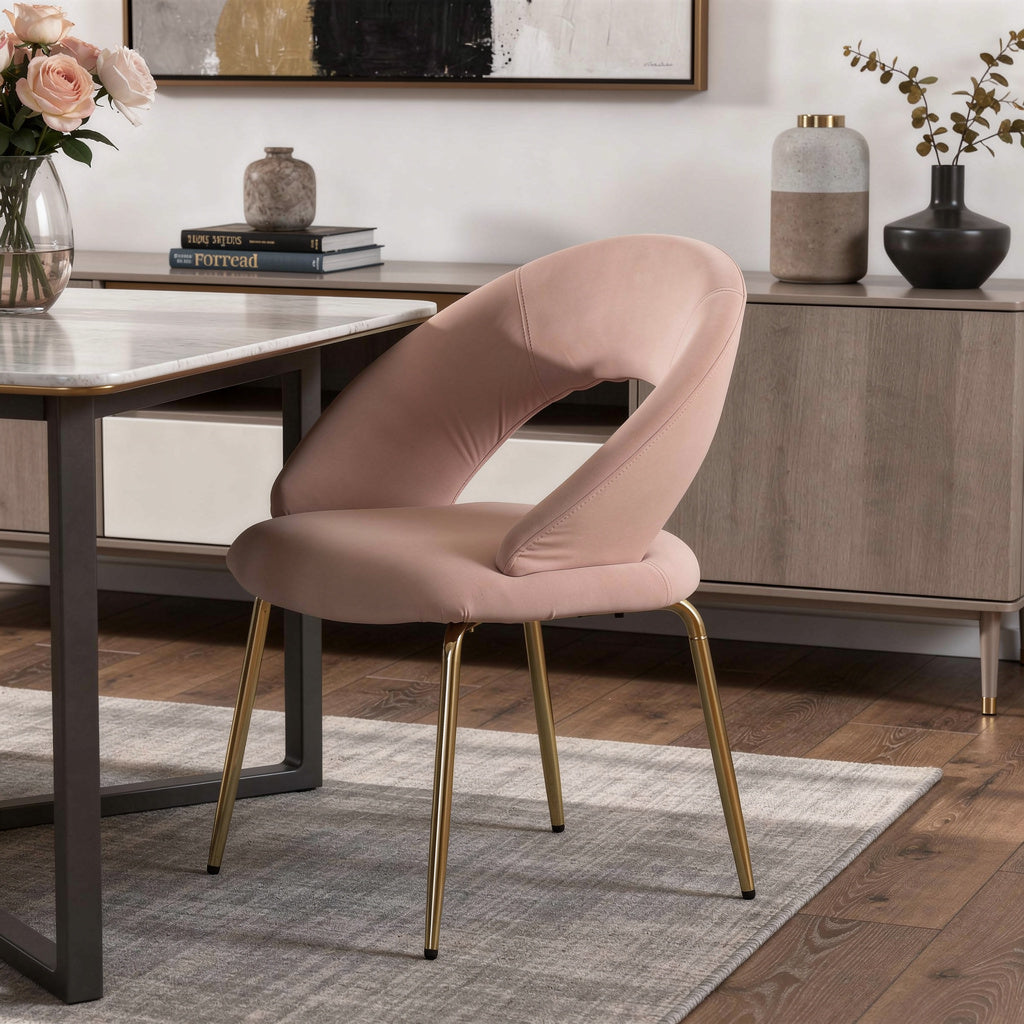 Pink and Gold Boucle and Metal Curved Back Dining Side Chair