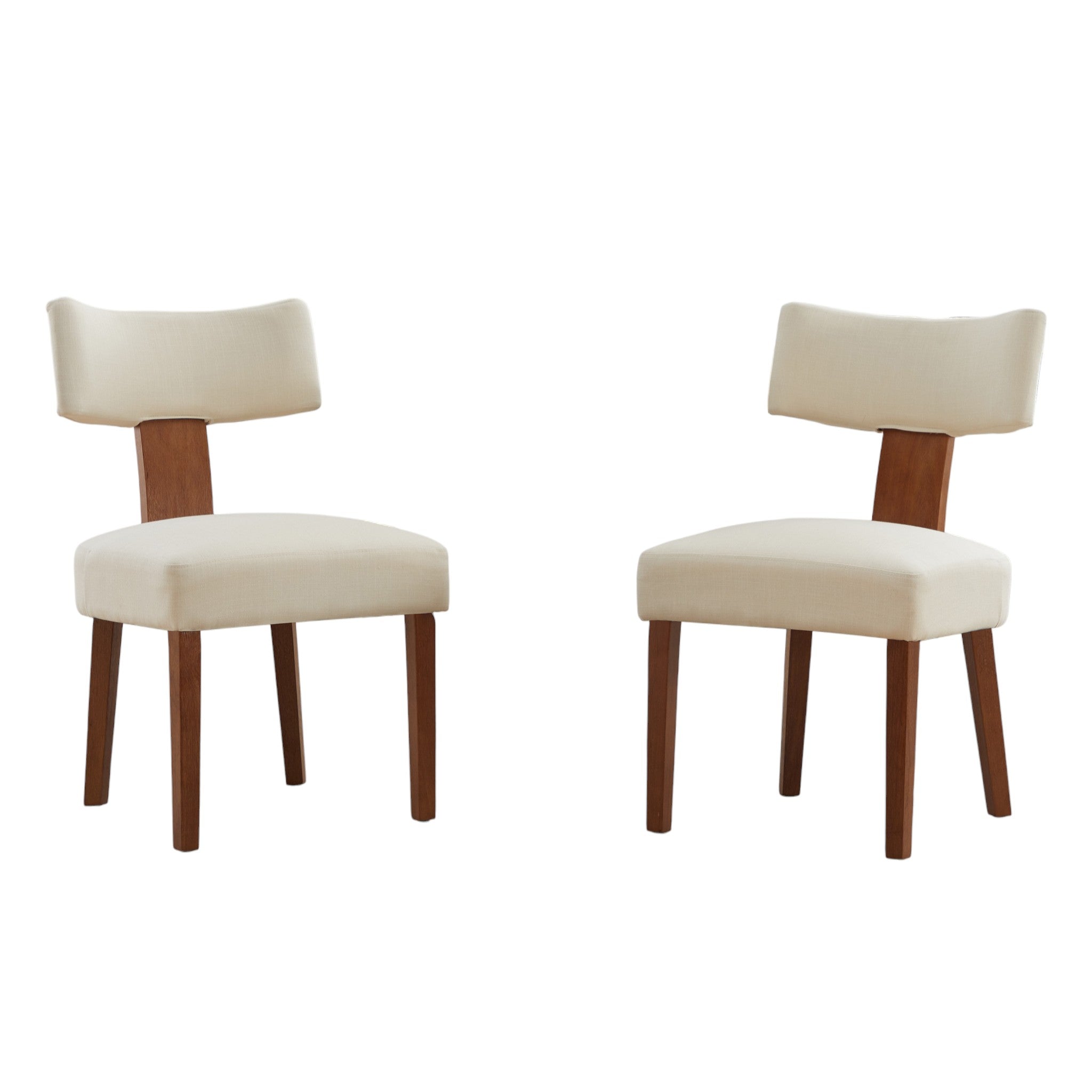 Set of Two Beige and Brown Linen and Solid Wood Dining Side Chairs
