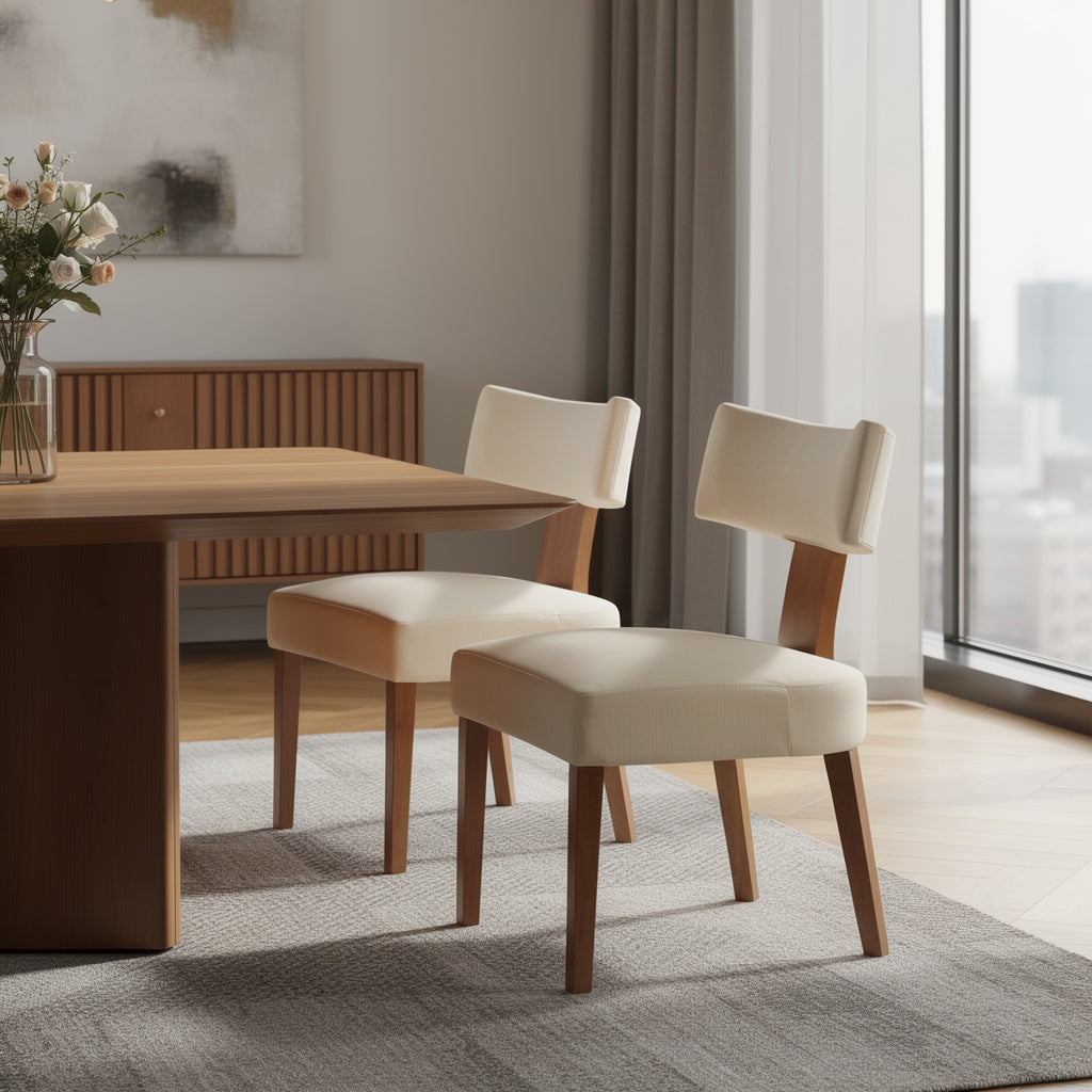 Set of Two Beige and Brown Linen and Solid Wood Dining Side Chairs