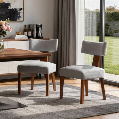 Set of Two Gray and Brown Linen and Solid Wood Dining Side Chairs