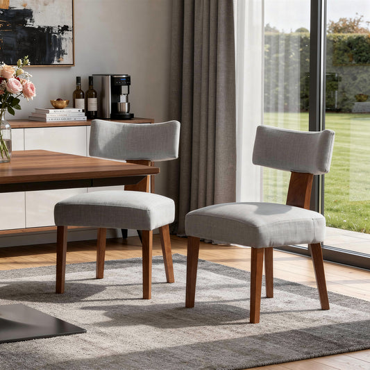 Set of Two Gray and Brown Linen and Solid Wood Dining Side Chairs