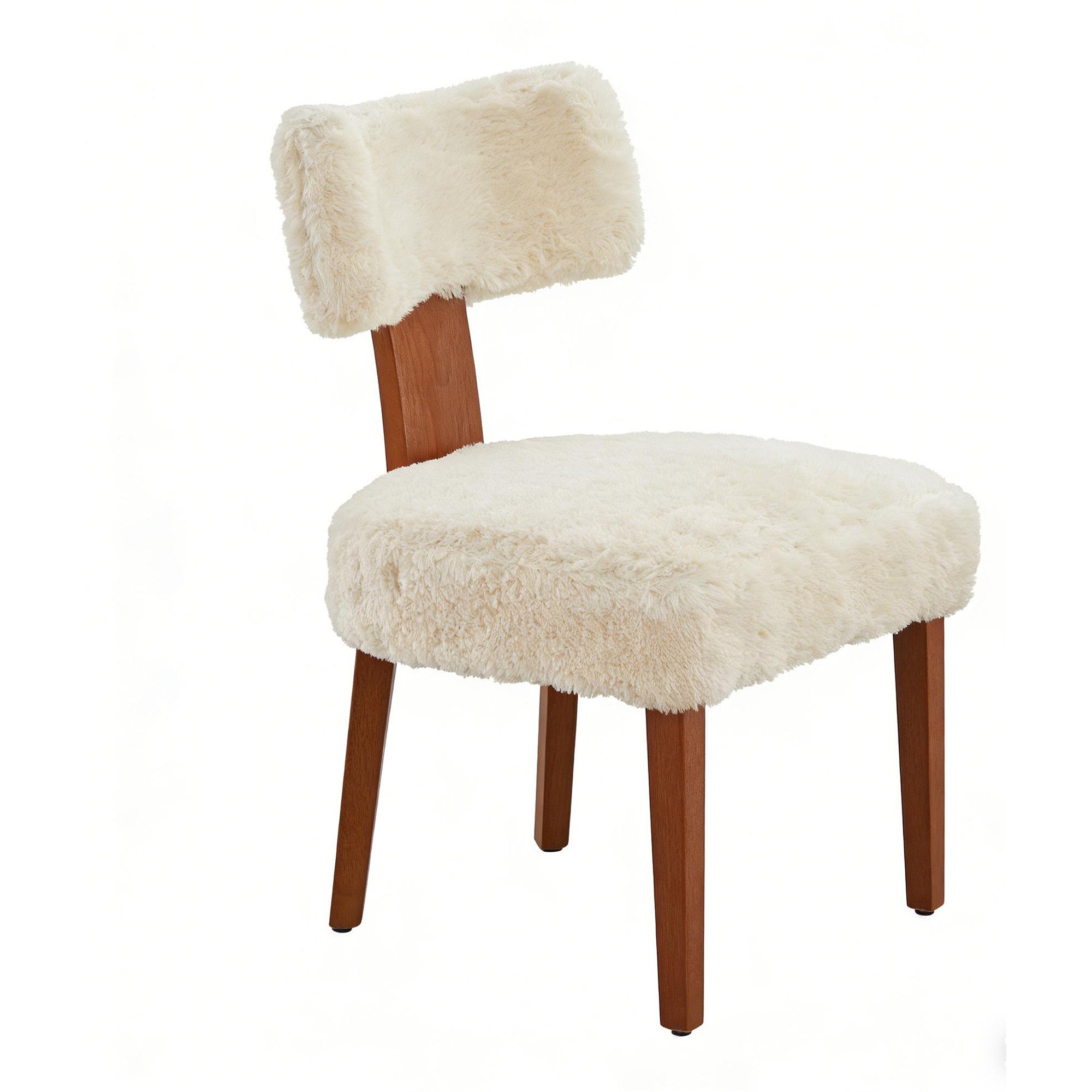 Set of Two Ivory and Brown Faux Fur and Solid Wood Dining Side Chairs